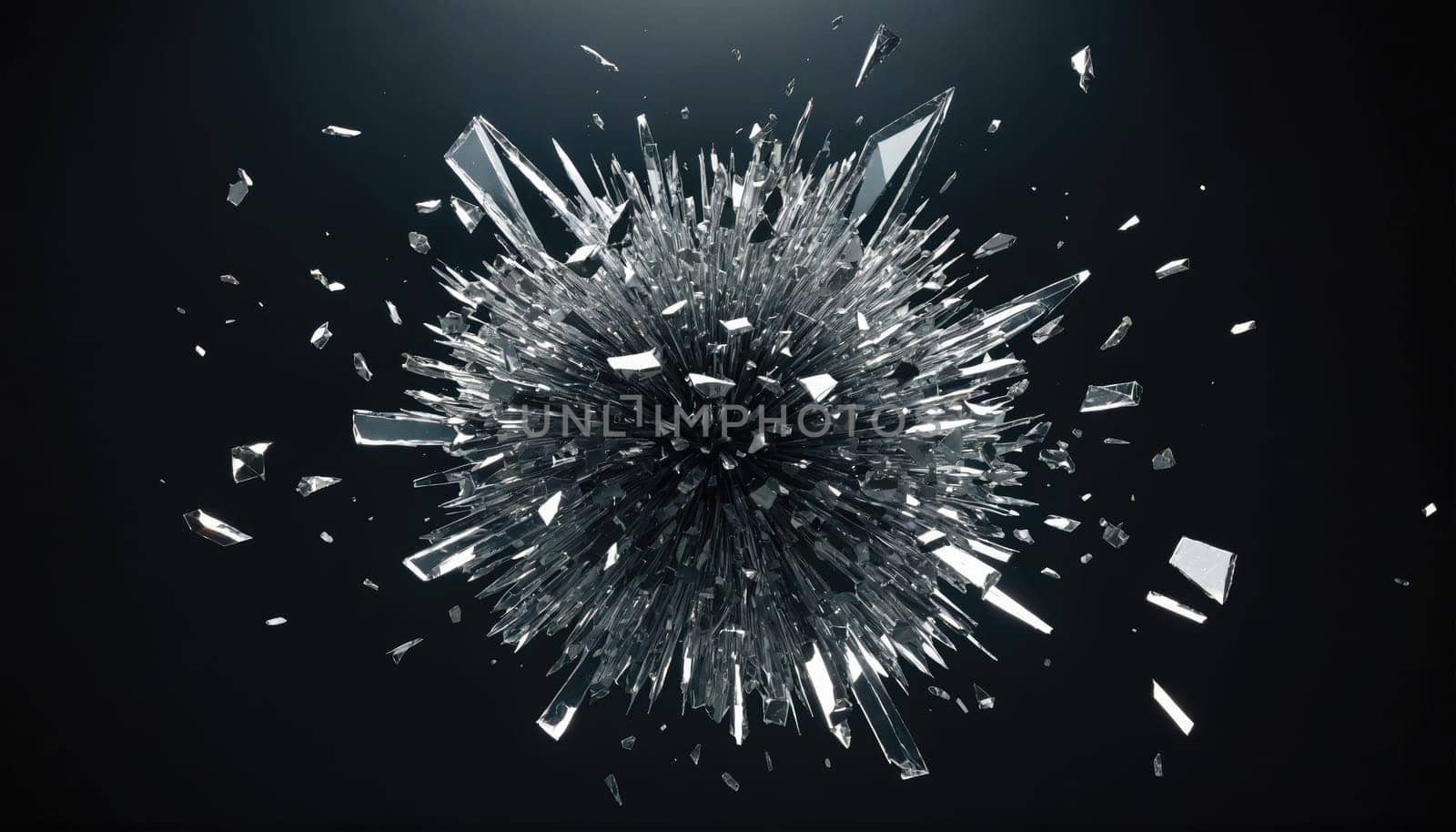 A spherical object made of glass has shattered, creating a dynamic pattern of shards against a black background.