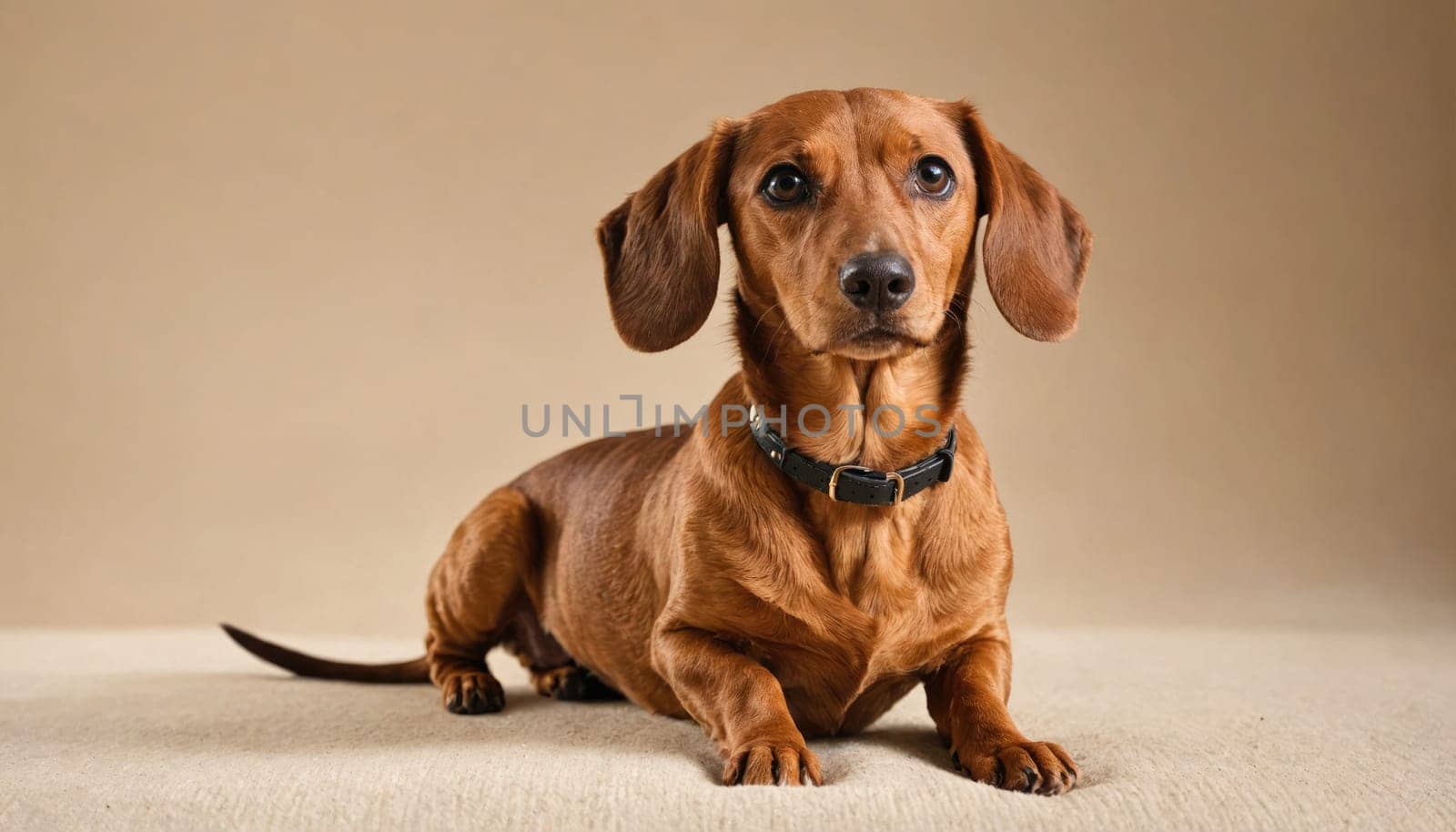 A brown dachshund sits with its front legs stretched out in front of it. It has a black collar and is looking to the left. The dog is on a white surface.