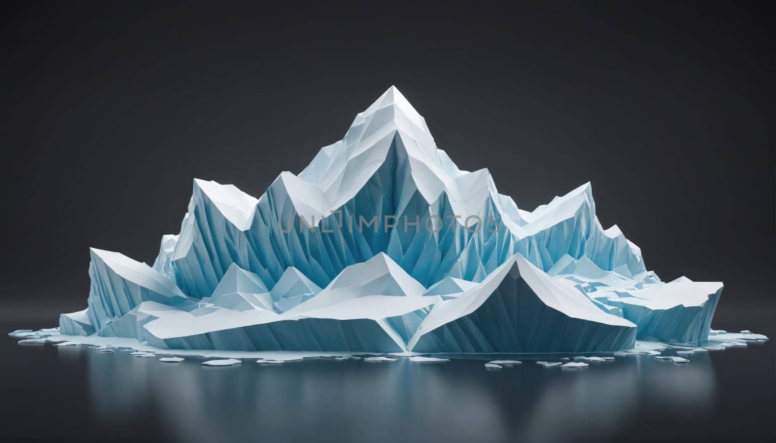 A large, blue iceberg with a sharp, jagged peak sits in still, dark water. The iceberg is made of ice and has a reflective surface. It appears to be floating in a calm, quiet environment.