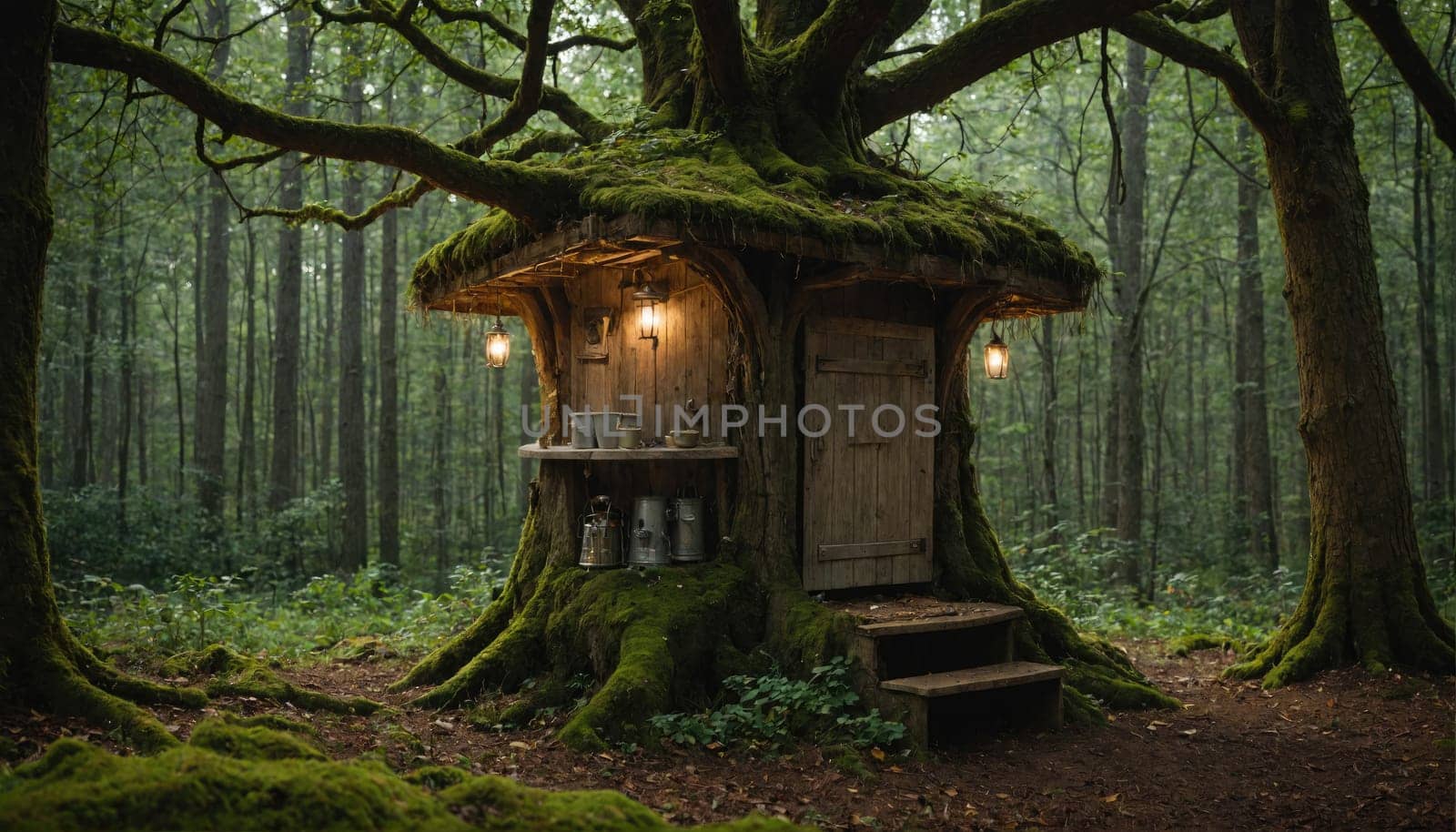 A small, wooden cabin is built into the base of a large, moss-covered tree trunk. The cabin has a door, a small window, and a shelf with a few items on it.