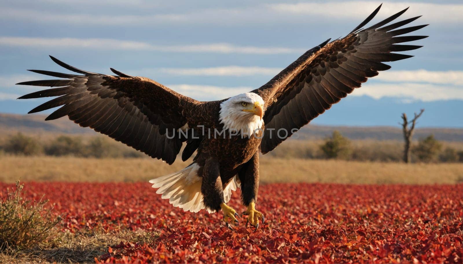 A bald eagle with white head and tail feathers lands in a field of red flowers. It is in mid-flight, wings outstretched, with its claws extended.