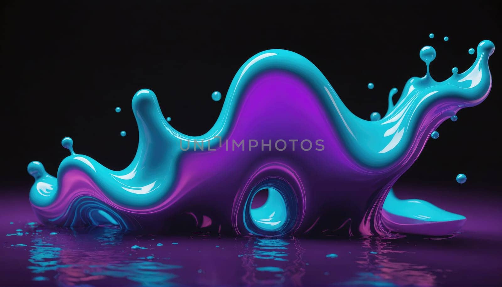 A wave of blue and purple paint splashes and curves through the air, landing on a purple surface. The paint creates a dynamic, abstract shape with a glossy finish.