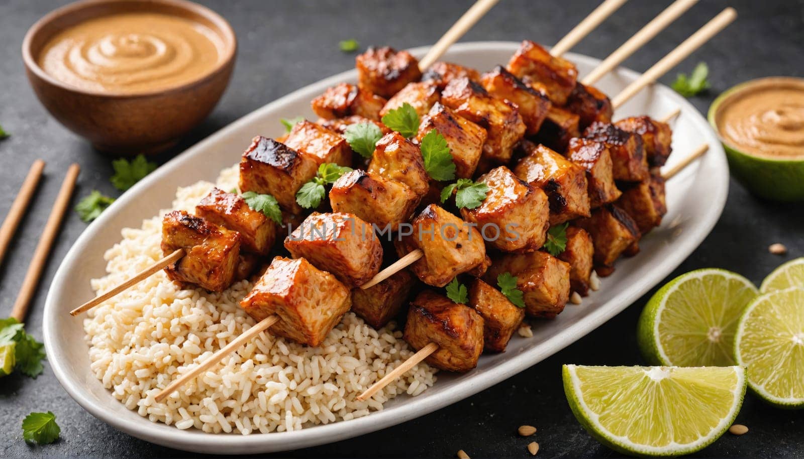 A white plate piled high with grilled tofu skewers on wooden sticks and a bed of brown rice. There are lime wedges, a bowl of peanut sauce, and chopsticks on the side.