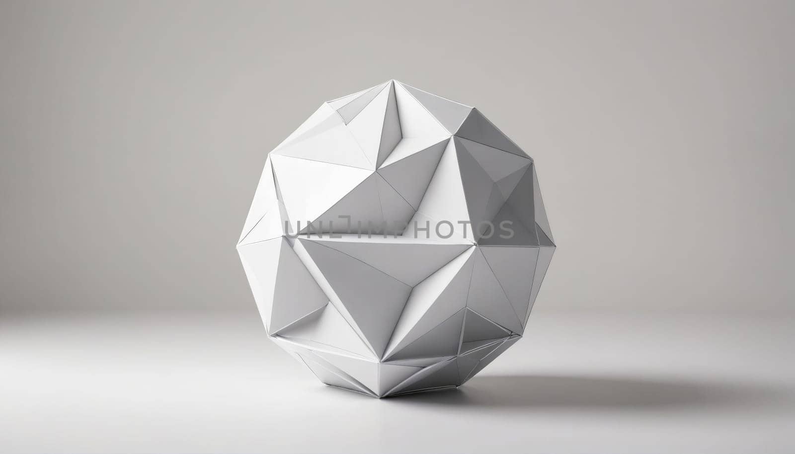 A white, geometric sphere constructed of triangles sits on a white surface. The background is a light gray, and there is a faint shadow below the sphere.