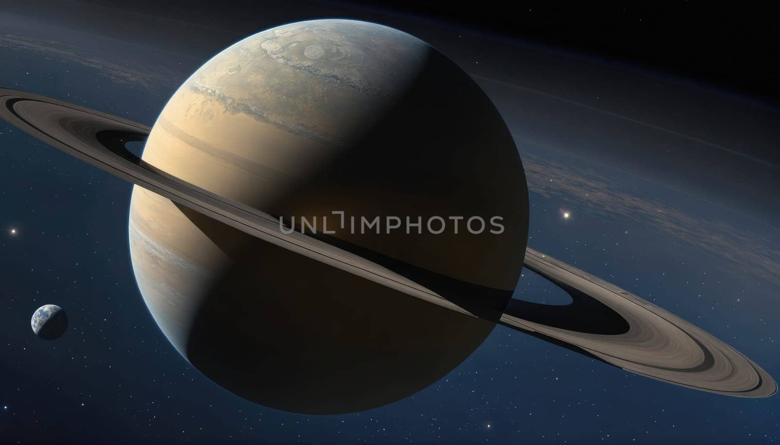 A detailed image of Saturn, the ringed planet, with visible rings and a dark, shadowed portion of the planet. The planet is positioned in a dark, starry void.