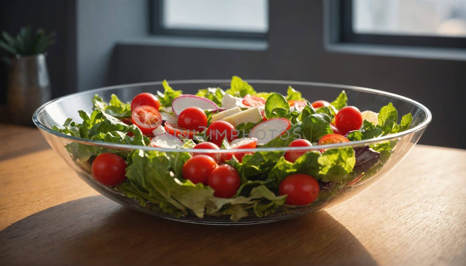 A clear bowl filled with a salad of cherry tomatoes, lettuce, and radish sits on a wooden table. Sunlight streams through a window behind the bowl, illuminating the salad with a warm glow.