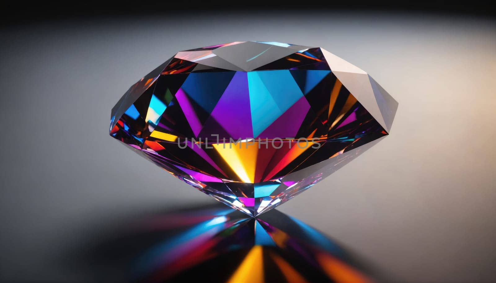 A close-up view of a large gemstone with numerous facets reflecting light. The gemstone is predominantly purple with hints of blue and orange. It is resting on a gray surface and casting a reflection.