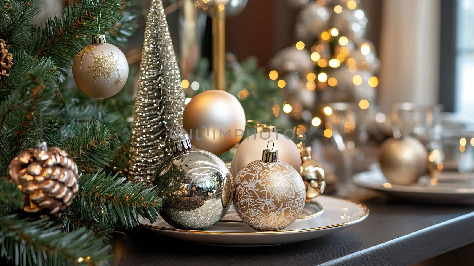 A beautifully arranged holiday setting that showcases stunning gold ornaments and vibrant festive decor