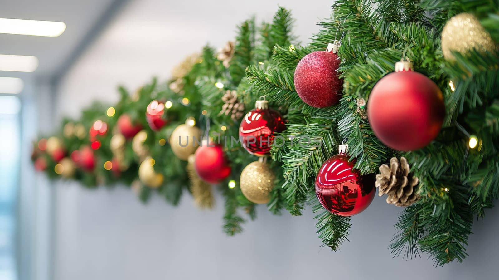 A Christmas garland with vibrant red ornaments adds a cheerful festive spirit to home decor in the holiday season