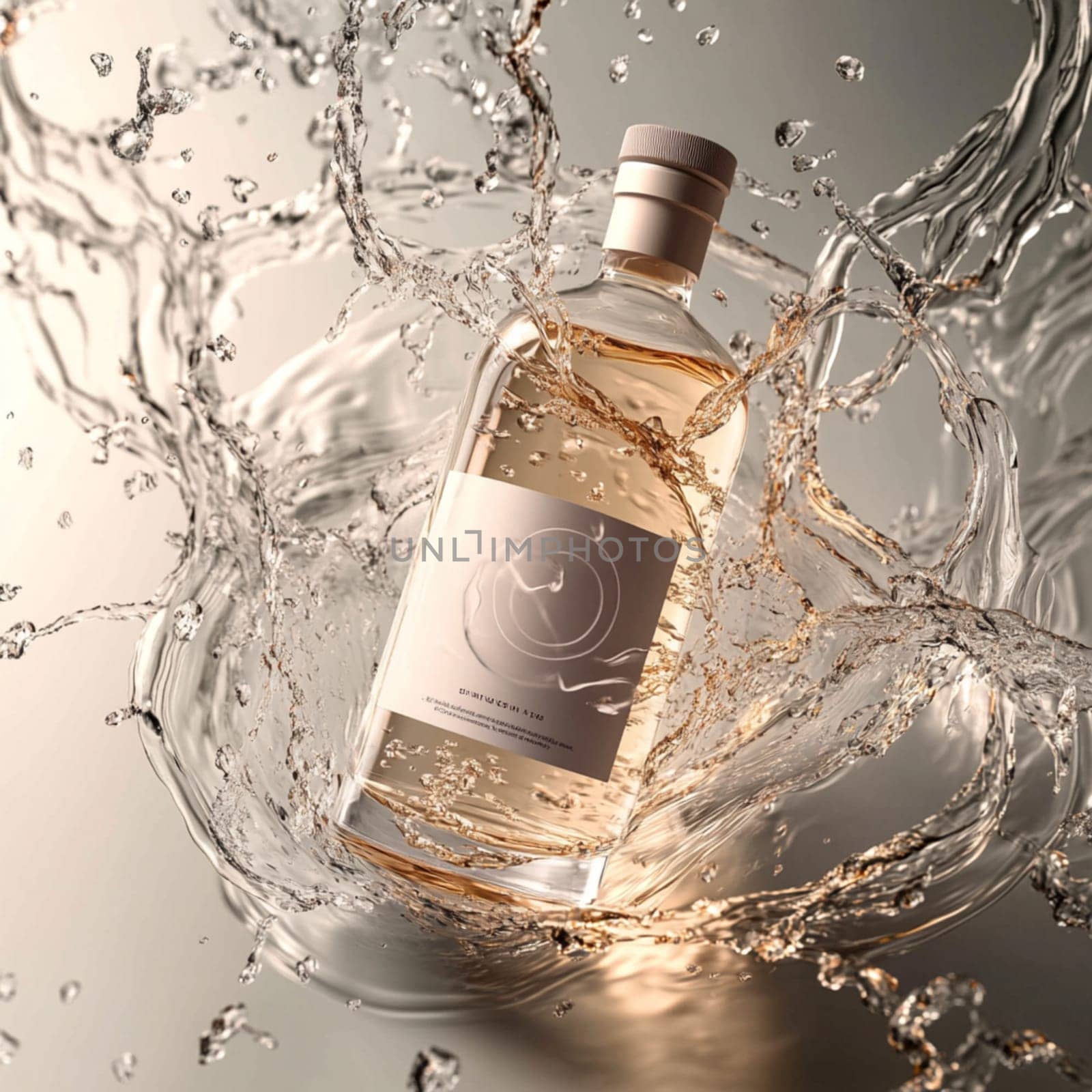 Transparent bottle filled with a light brown liquid is shown surrounded by a swirling splash of water, against a white background
