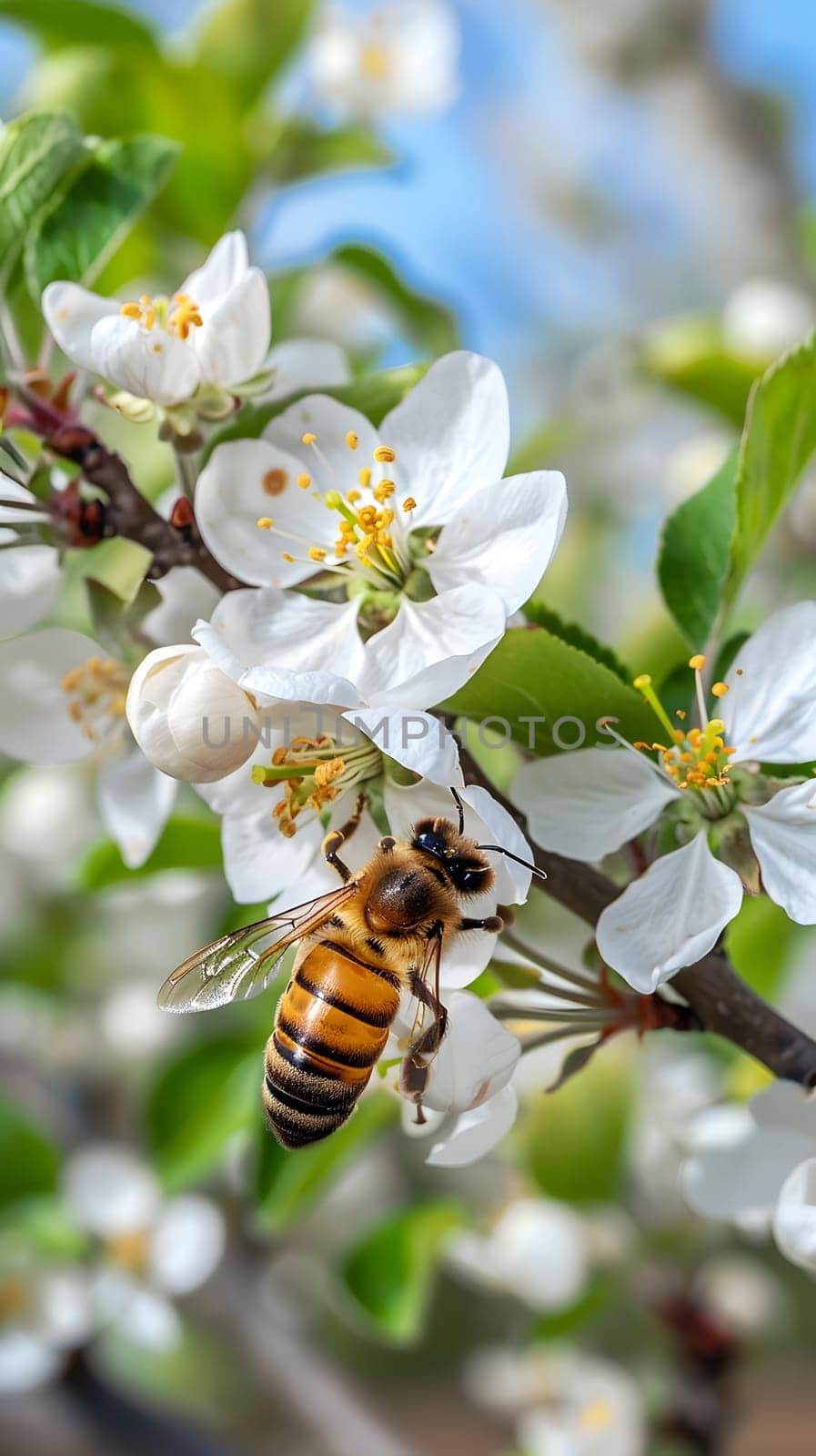 Closeup of a honey bee pollinating white blossoms in a garden during springtime.