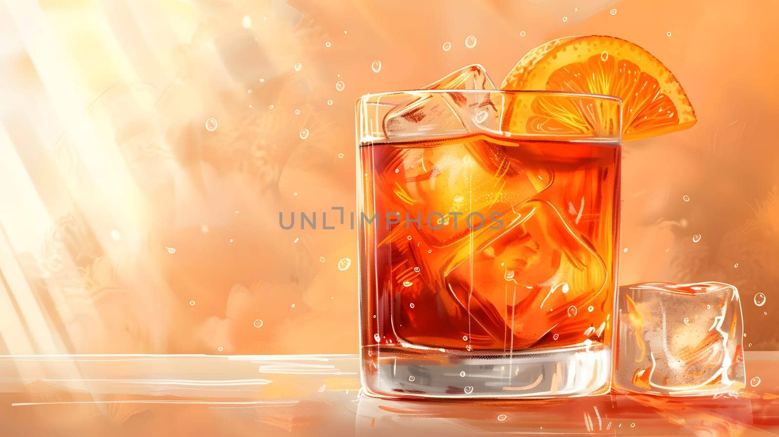 A refreshing glass of orange juice garnished with an orange slice and ice cubes, sitting on a table. The amber fluid is the perfect drink for a hot day