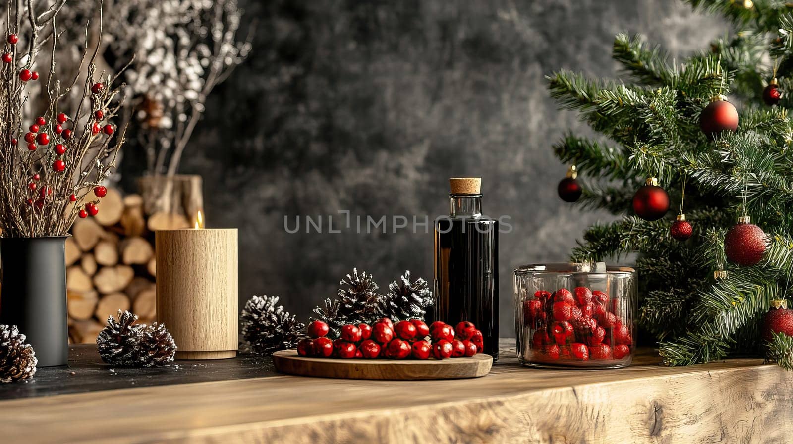 A beautifully arranged holiday scene that highlights festive decor adorned with cheerful berries and pine cones
