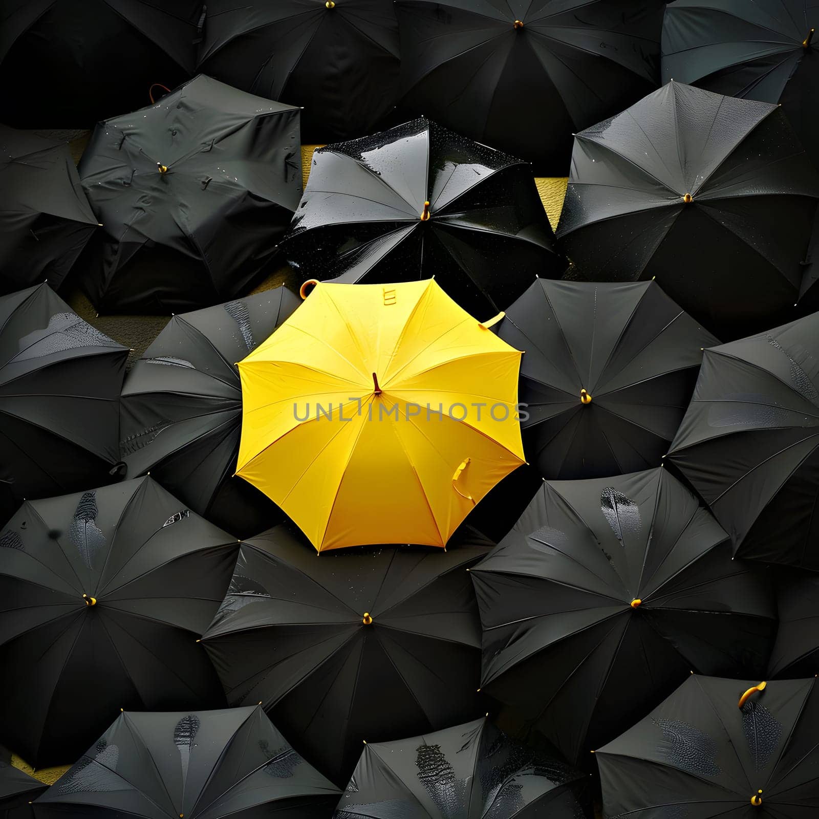 A yellow umbrella stands out among black umbrellas for rain protection and shade