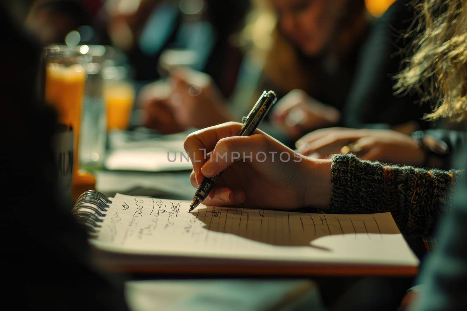 A close-up view of a hand writing on a notepad with a pen. It captures the essence of note-taking and creativity during a focused session, perfect for educational themes.