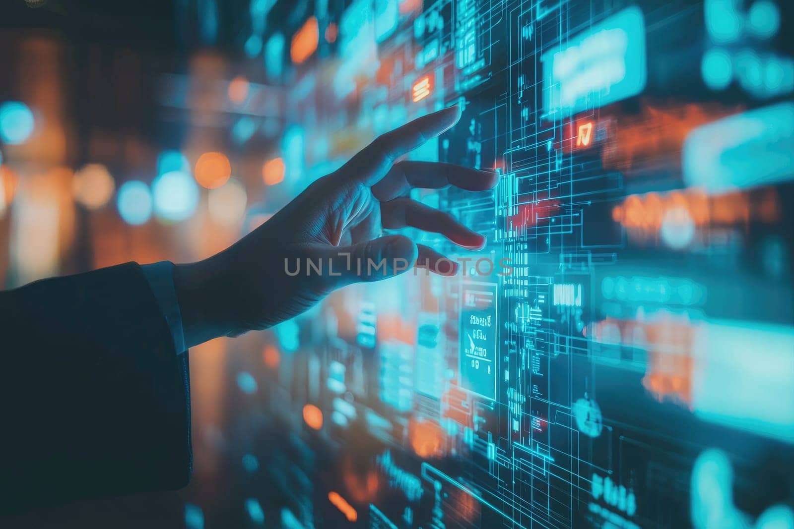 A businessperson's hand reaching out to interact with a vibrant digital display, symbolizing innovation and technology in modern enterprises.