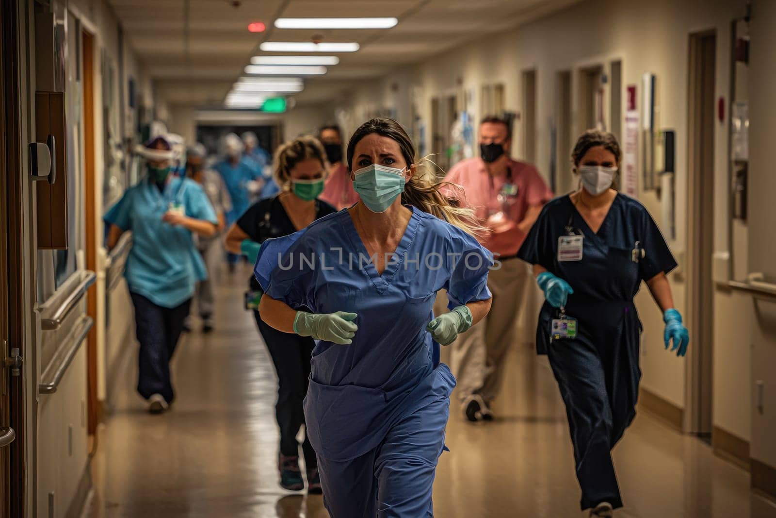 Nurses and doctors urgently respond in a hospital hallway, highlighting the teamwork and dedication of healthcare professionals during a medical emergency.
