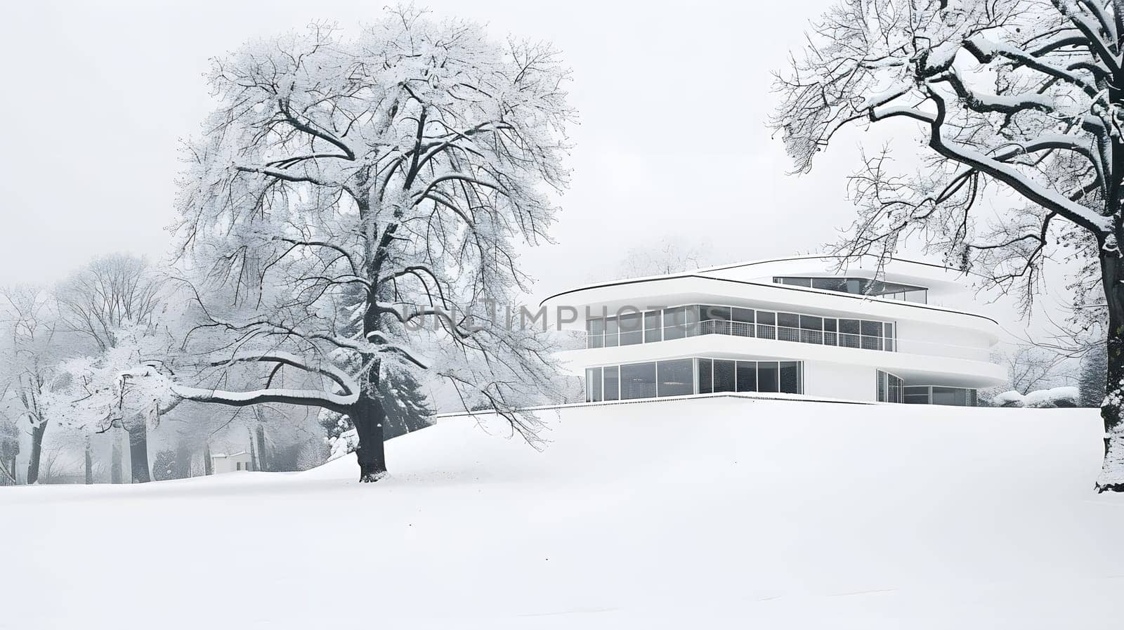Elegant modern house in a snowy winter landscape with bare trees and clear sky.