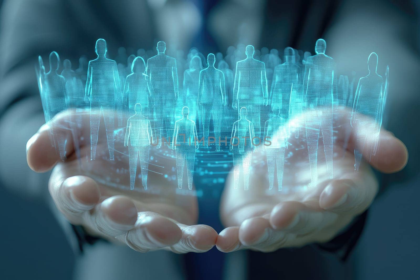 Hands gesture above a laptop, showcasing a digital interface with figures representing connectivity and teamwork in a modern business environment.