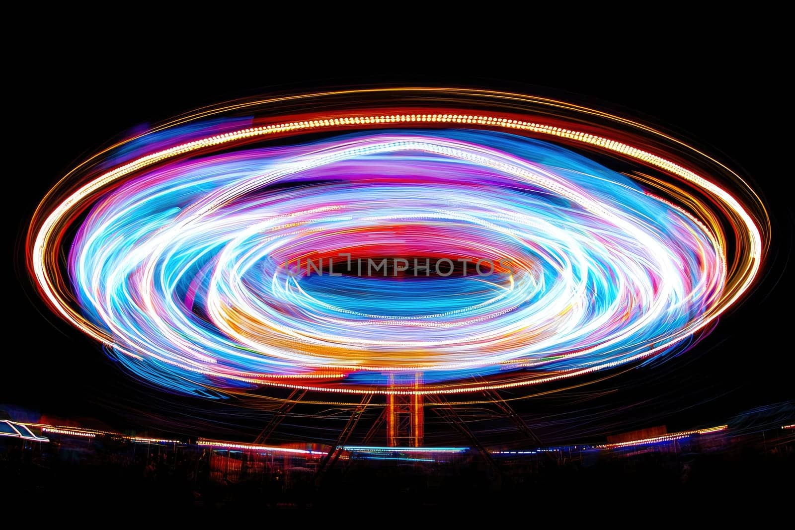 Captivating long exposure image of a Ferris wheel ride, showcasing vibrant light trails that create a dynamic sense of movement and excitement at night.