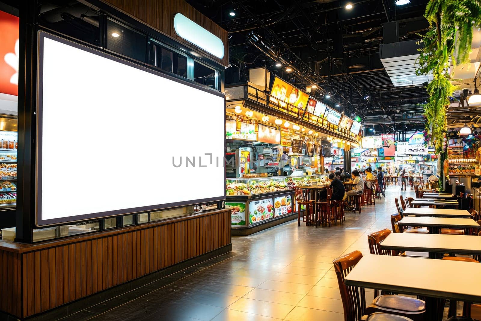 A spacious mall food court featuring an empty digital billboard, ideal for advertising. Bright, bustling atmosphere with diverse dining options awaits.