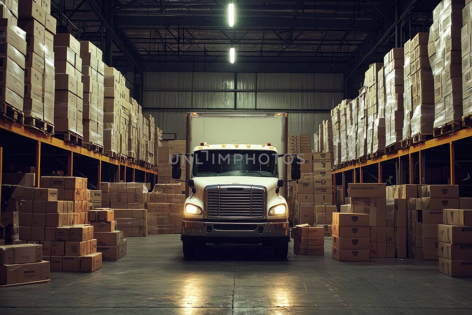 A white truck positioned in an industrial warehouse filled with stacked boxes. The organized space highlights the logistics and storage operations essential for businesses.