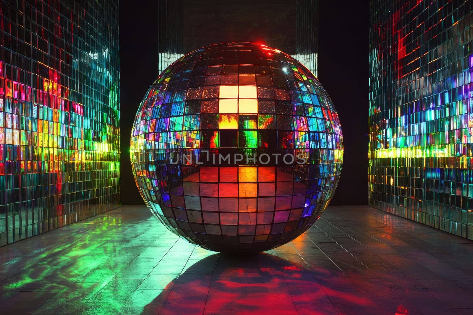 A vibrant disco ball reflecting multicolored lights in a nightclub setting, creating a lively ambiance perfect for parties and celebrations.