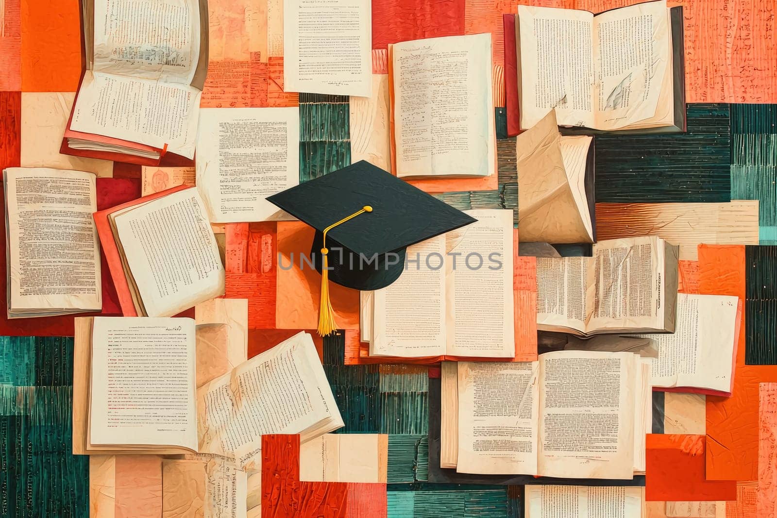 A vibrant collage featuring open books and a graduation cap, symbolizing achievement and education. Perfect for academic themes and celebratory moments.