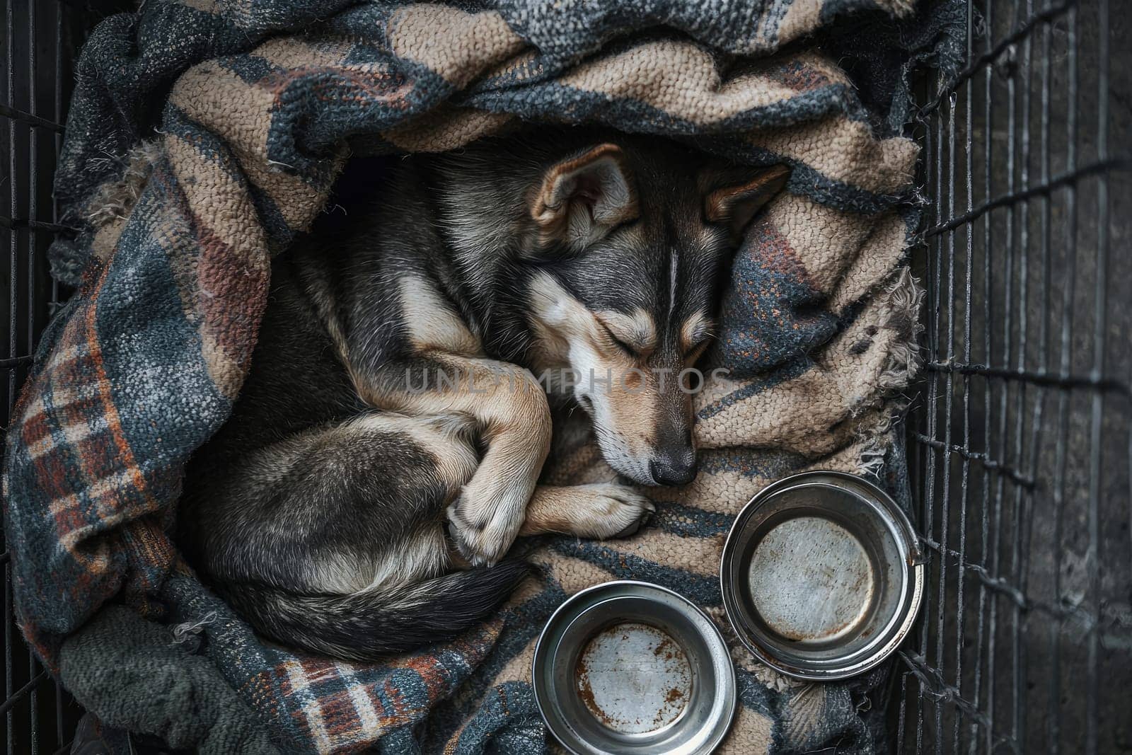 A homeless dog curls up in a cozy corner, wrapped in a soft blanket. The peaceful scene captures a moment of tranquility and warmth, highlighting the plight of stray animals.