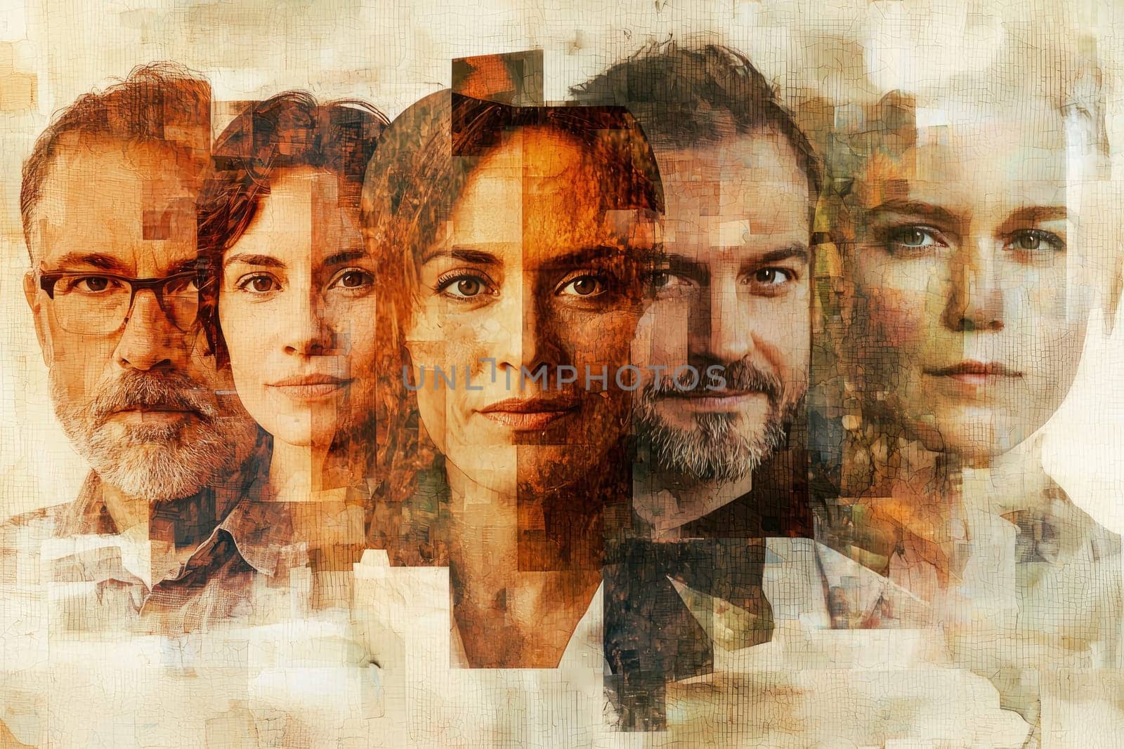 This artistic collage showcases diverse professionals in a creative overlay, emphasizing individuality and collaboration through unique facial expressions and styles.