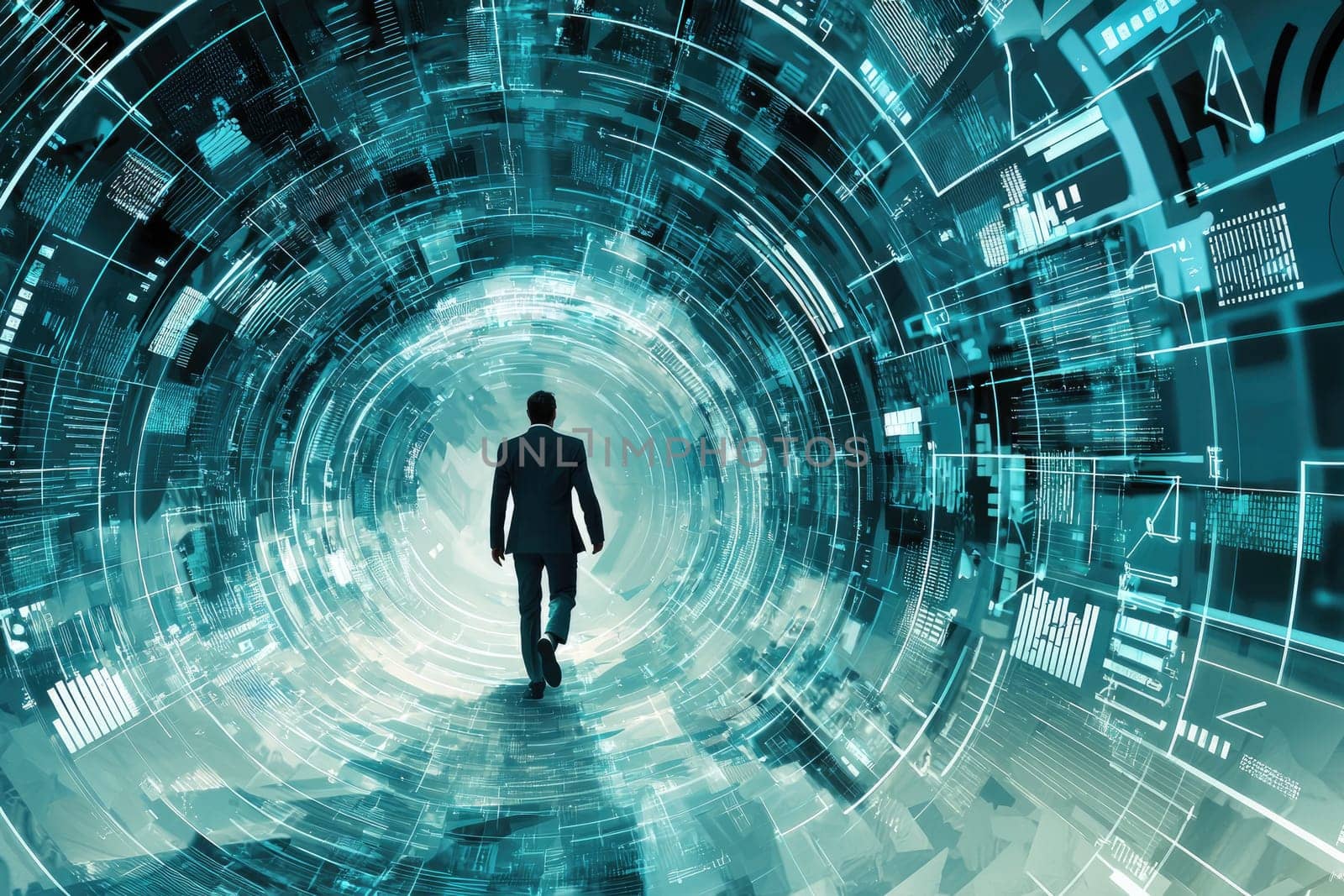 A businessperson walks confidently forward in a dynamic digital space, symbolizing progress and innovation in today's technological landscape.