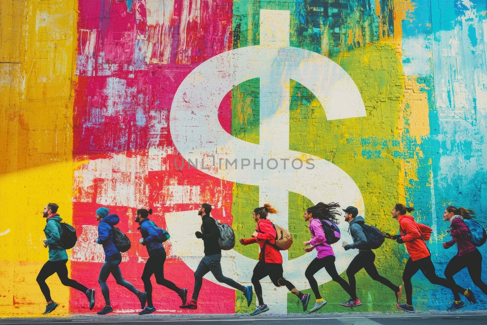 A dynamic group of people running in a vibrant urban setting, showcasing energy and teamwork against a colorful background. Perfect for fitness and lifestyle themes.
