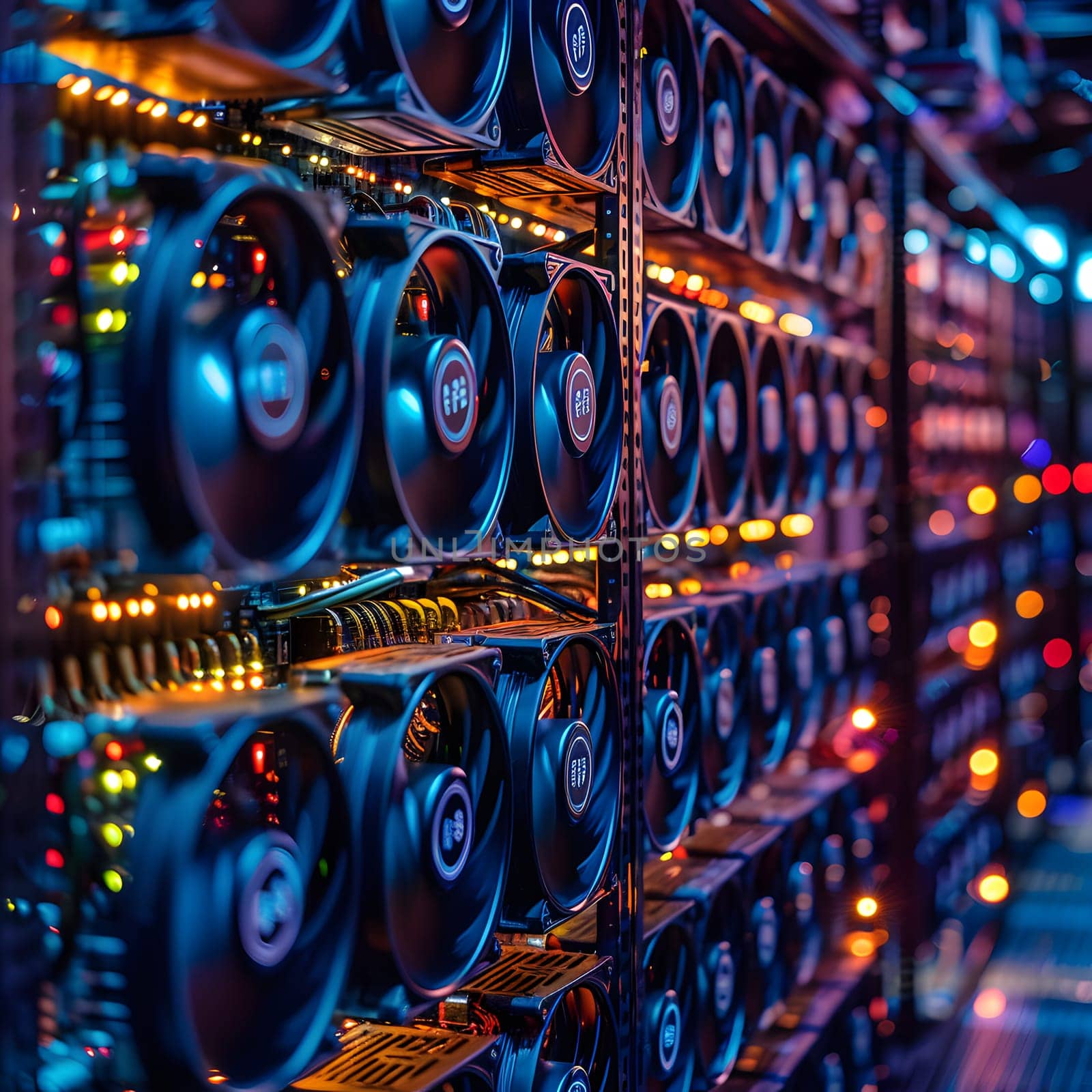 A row of electric blue computer fans circled around in the server room, showcasing a blend of engineering and technology