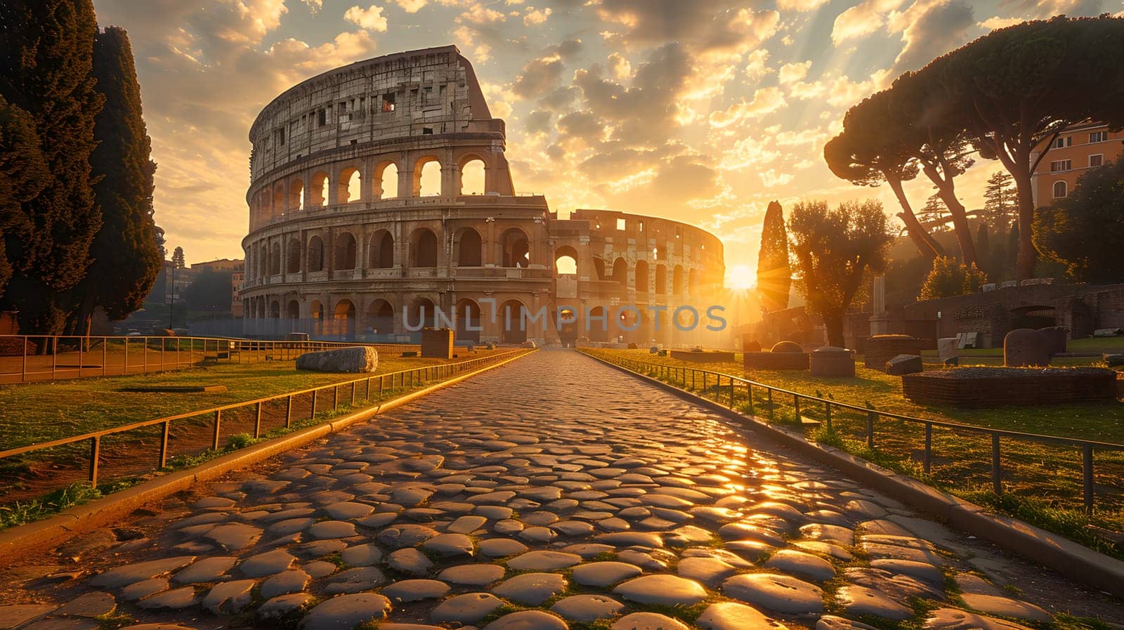 Early morning sunlight over the Colosseum, ancient Roman architecture in Rome, Italy