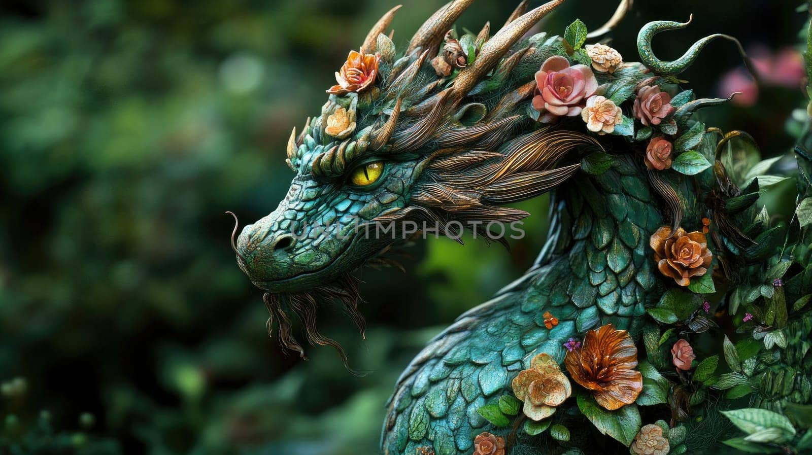 The dragon features intricate scales and vibrant floral decorations, blending harmoniously with the surrounding foliage. Sunlight filters through the trees, enhancing the enchanting atmosphere.