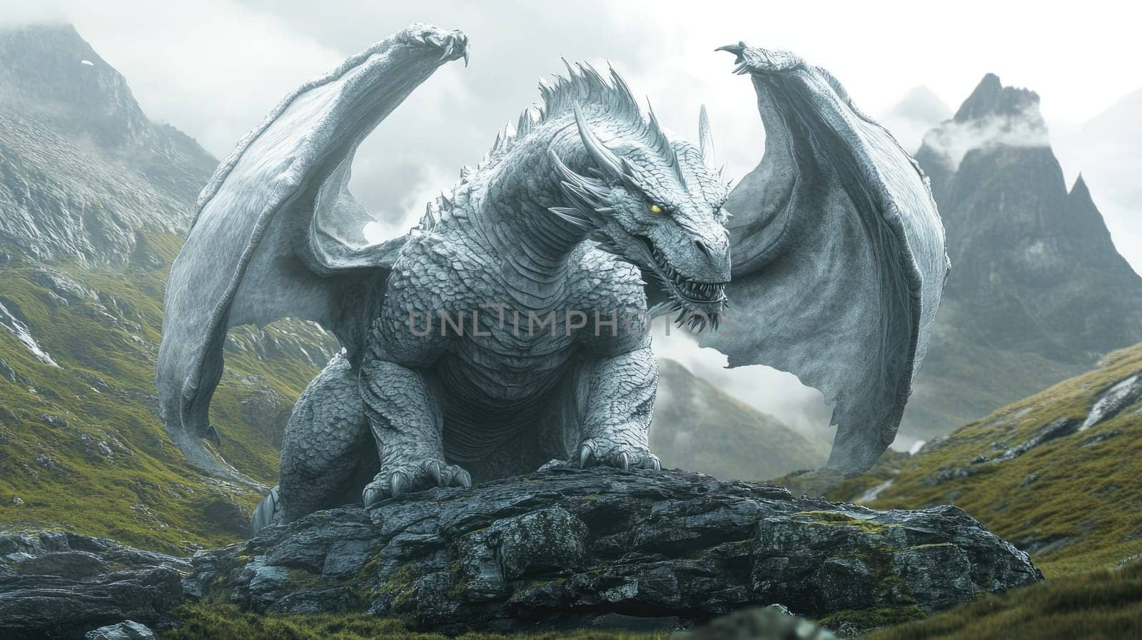 A colossal dragon with shimmering scales sits atop a rocky ledge, surrounded by mist and towering mountains. The early morning light highlights its majestic wings and fierce gaze.