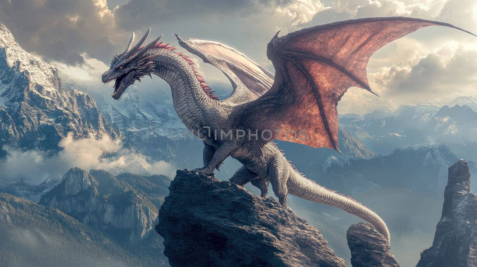 A majestic dragon with shimmering scales stands atop a rocky cliff, surveying the vast mountain landscape as the sun sets in the background, casting warm colors across the sky.