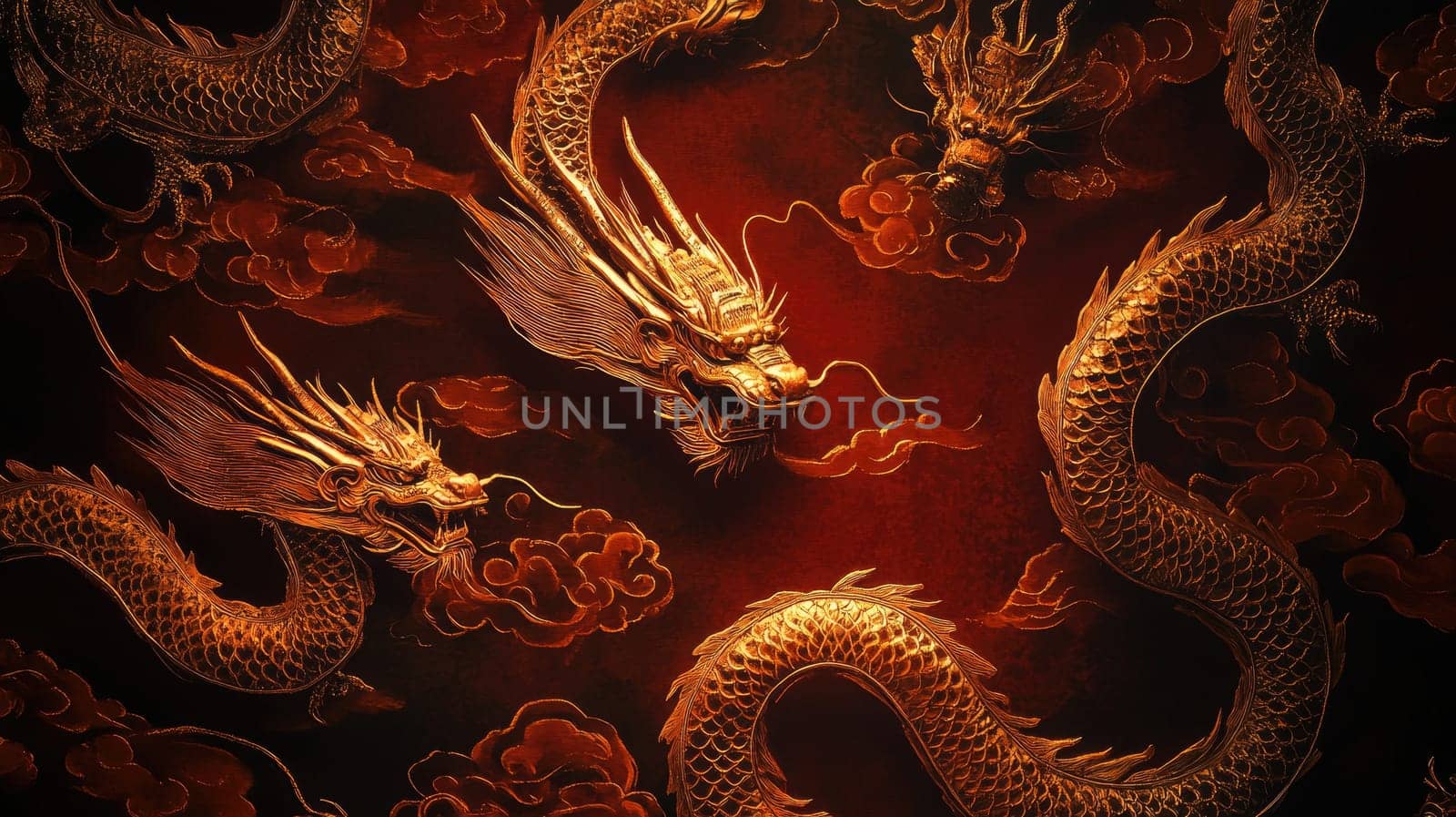 Four intricately designed golden dragons weave through rich red clouds, showcasing their majestic forms and fierce expressions, evoking a sense of power and grandeur typical in traditional art.
