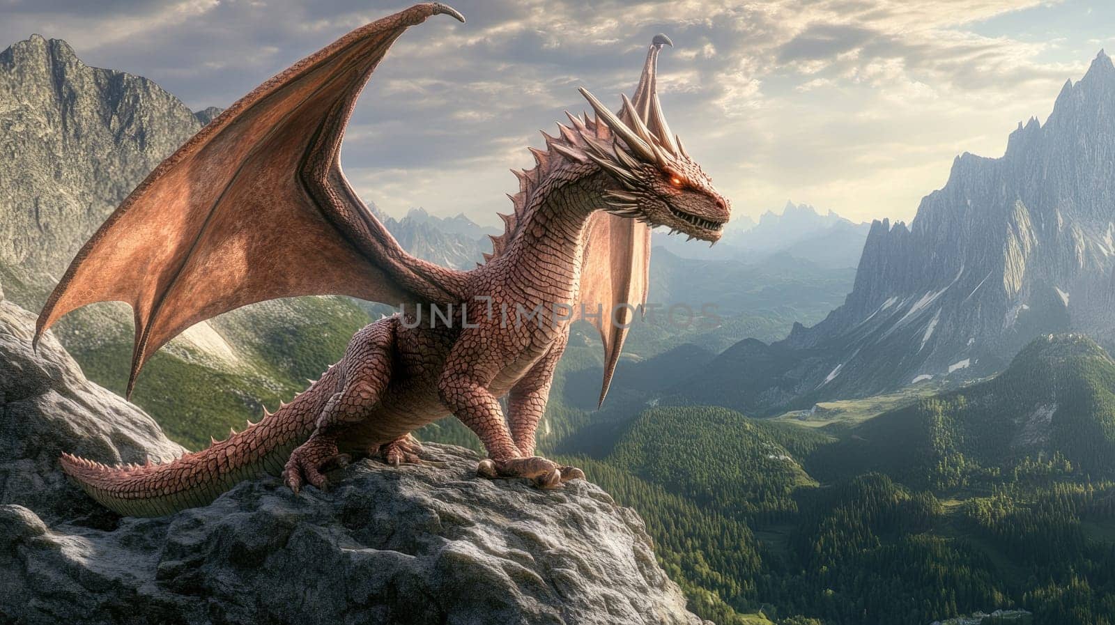 The dragon stands proudly on a cliff, its wings spread wide, gazing over a verdant valley surrounded by majestic mountains as the sun sets in the background, casting a warm glow.