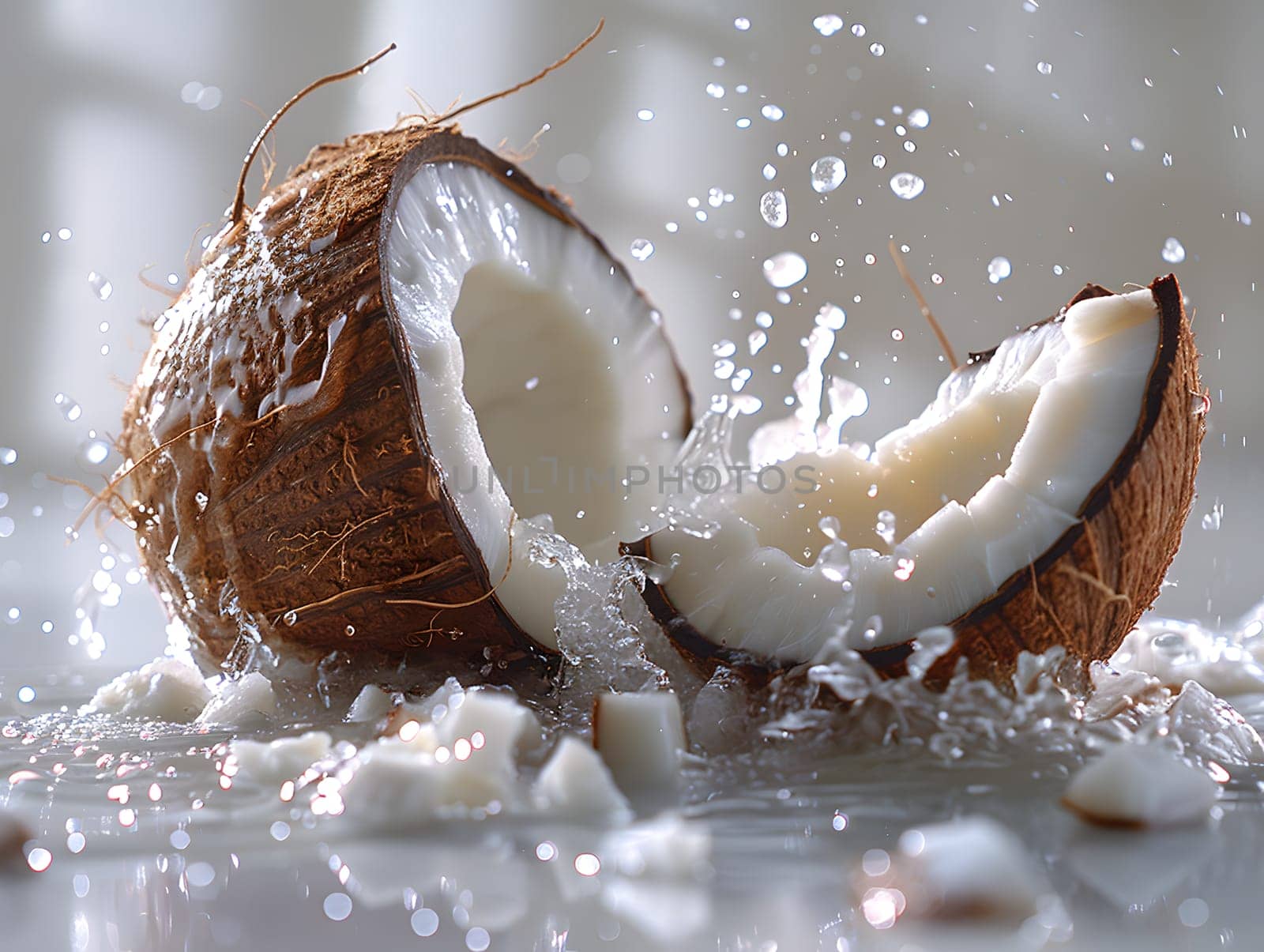 A coconut, a versatile ingredient in cuisine, being splashed with water on a table for a macro photography or still life photography shot