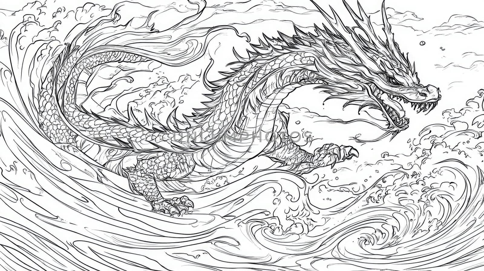 The majestic dragon gracefully emerges from crashing waves, showcasing its powerful form against a backdrop of swirling water. The scene captures an epic moment of mythical beauty.