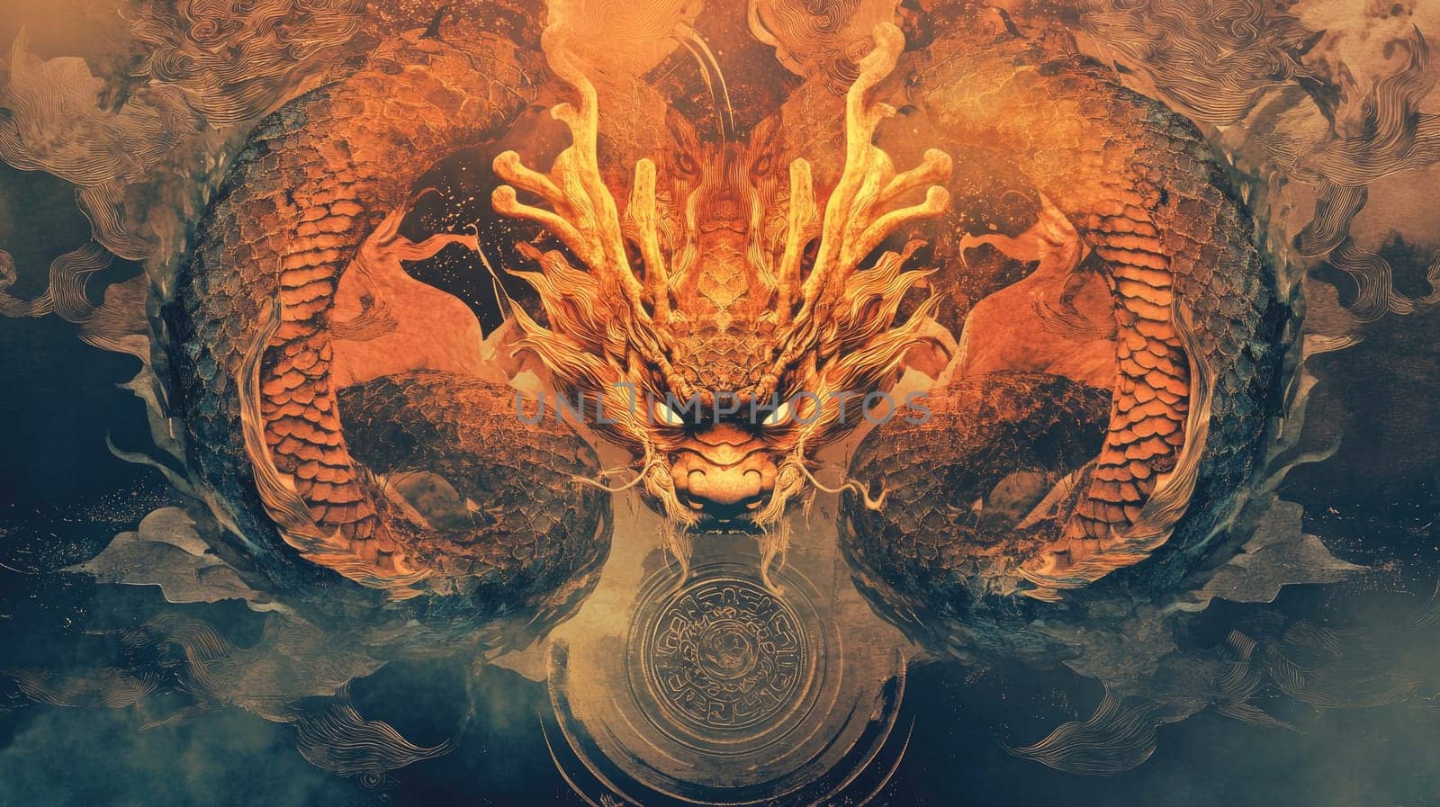 The artwork depicts a majestic dragon with fiery orange hues and intricate scales, surrounded by mystical clouds. Its fierce gaze captures the power and beauty of mythical creatures in art.