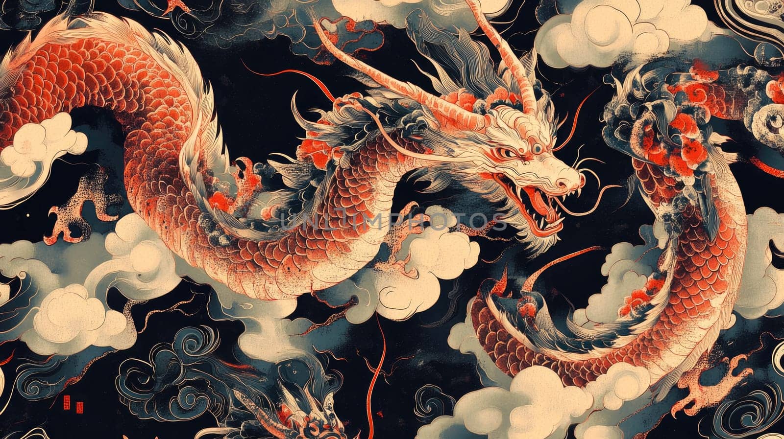 The striking image showcases a powerful dragon coiled among swirling clouds, illustrating a classic depiction of strength and beauty in traditional artwork, conveying a sense of majesty and mystique.