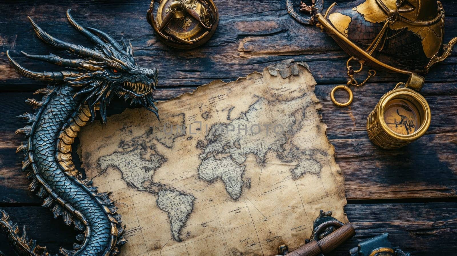 A rustic wooden table displays an ancient treasure map surrounded by an ornate dragon figurine and a vintage compass, creating an adventurous atmosphere filled with mystery and exploration.