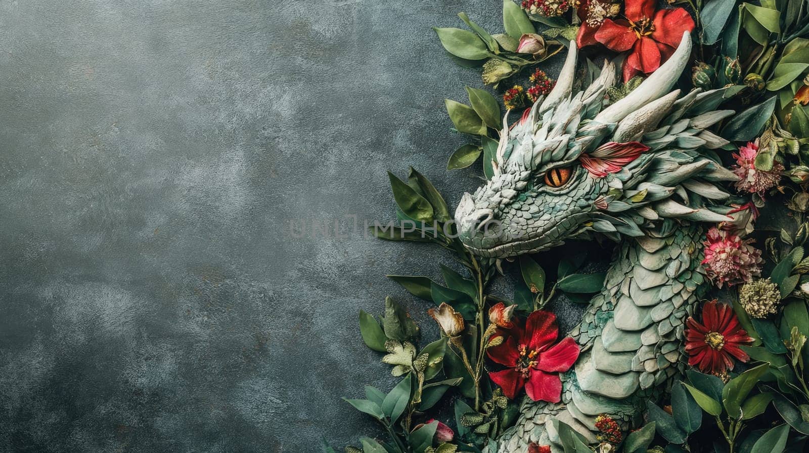 The green dragon rests gracefully among bright red and pink flowers, showcasing intricate scales and piercing eyes, set against a textured dark background that enhances its magical aura.