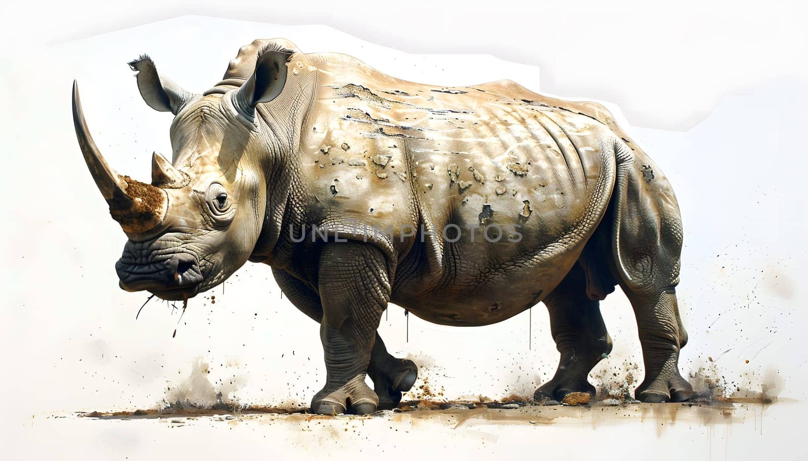 A carnivorous rhinoceros stands on a white background. Its terrestrial snout and natural material habitat blend with the minimalist art of wildlife photography