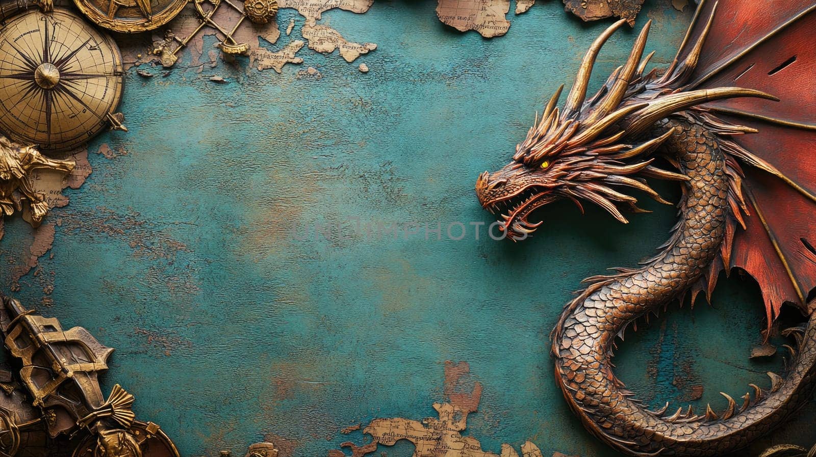 A vibrant dragon sculpture coiled around an ancient map, highlighting intricate details and textures. The vivid colors and craftsmanship stand out, creating an eye-catching art piece.