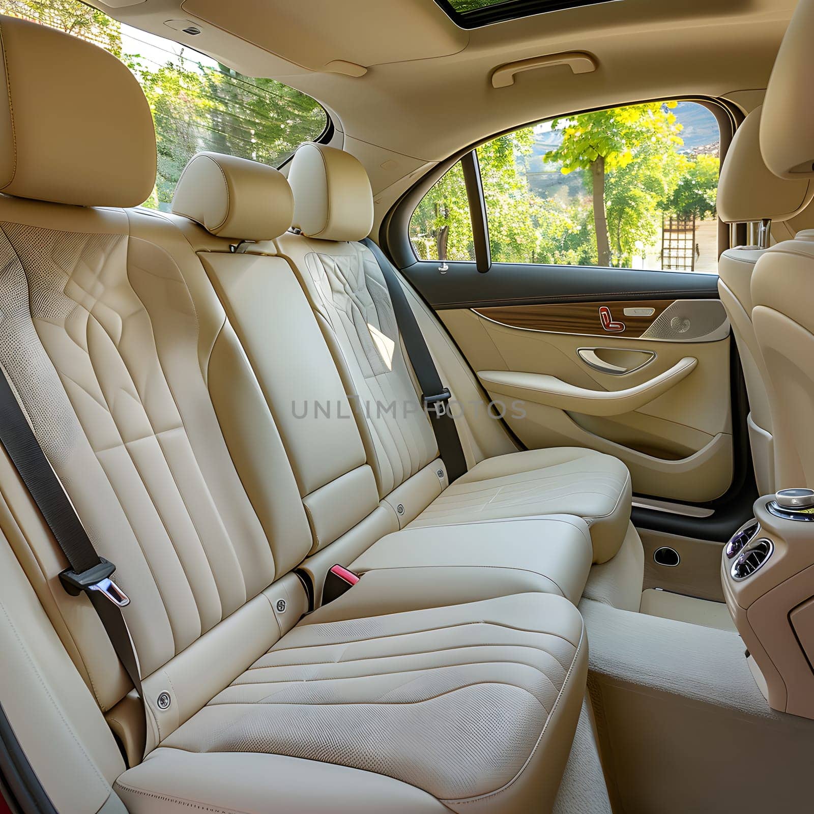 Enjoy the luxury of a personal vehicle with a sunroof in the back seat, complete with a comfortable car seat cover and a view out the window while cruising down the road