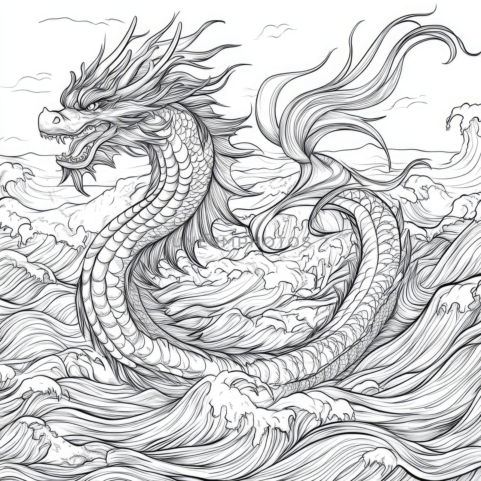 A powerful dragon emerges from the swirling waves, showcasing intricate scales and fierce expression. The stormy backdrop enhances the mythical atmosphere of the scene.
