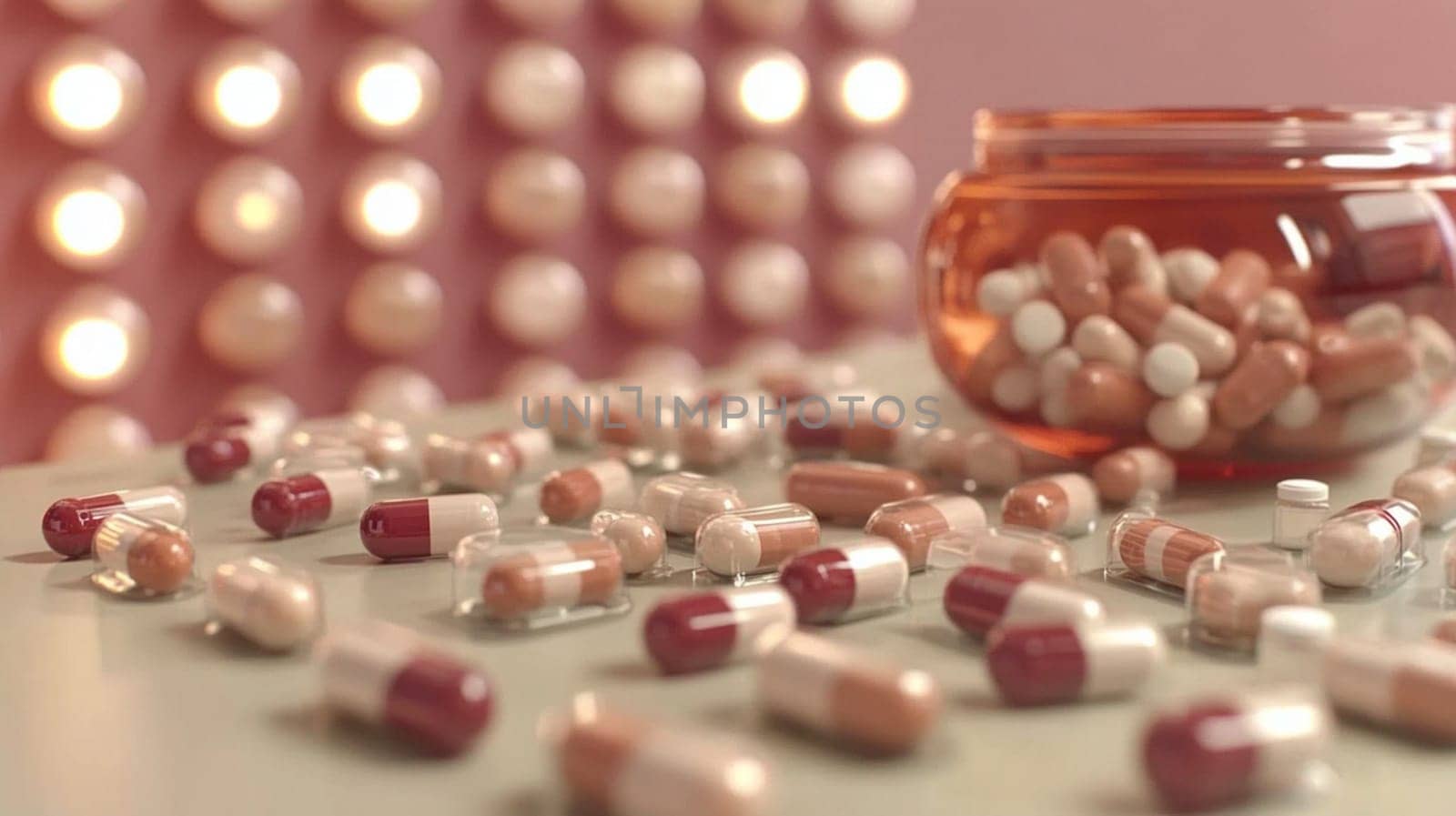 Many red and white pills are spilling from a glass bottle onto a table, with a backlit background. This image could be used to represent pharmaceuticals, medicine, healthcare, or addiction